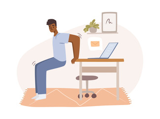 Poster - Man stretches at workplace, cartoon character doing small exercises at work to get rest. Vector employer stretching, freelancer working from home or office has sport break, flat cartoon vector