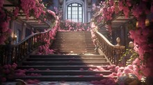 Spiral Staircase In An Ancient Castle Covered With Flowers Generative AI