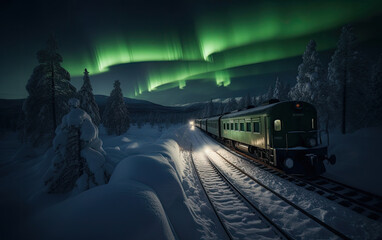 train in the night with aurora light. generative ai.