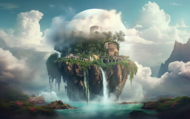 Wall Mural - Floating island landscape with clouds. Generative AI.