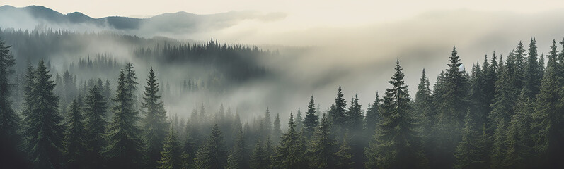 Wall Mural - panorama of a coniferous forest in the mist of tree tops. generative ai