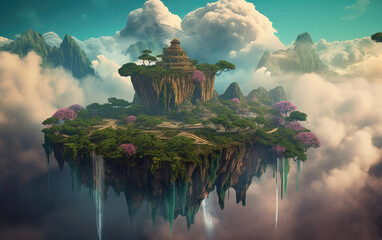 Wall Mural - Floating island landscape with clouds. Generative AI.