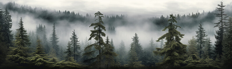 Wall Mural - panorama of a coniferous forest in the mist of tree tops. generative ai