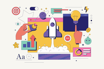 Poster - startup project web concept with hand character scene. man generates ideas for launches new business