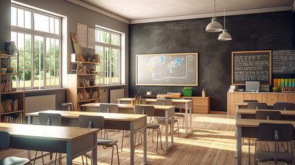 School classroom with school desks and blackboard. Generative Ai