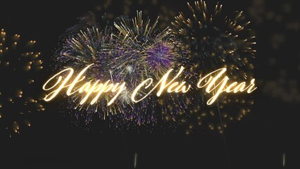 Wall Mural - happy new year banner, word and fireworks isolated on black background, animation and creativity wit