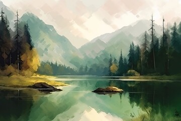 Wall Mural - high mountain lake in the forest near the mountains. beauty of nature generative ai,