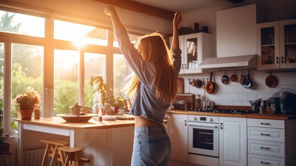 Rear view of a joyful girl dancing freely in her home, wearing a casual white vest and blue denim jeans. She has headphones on