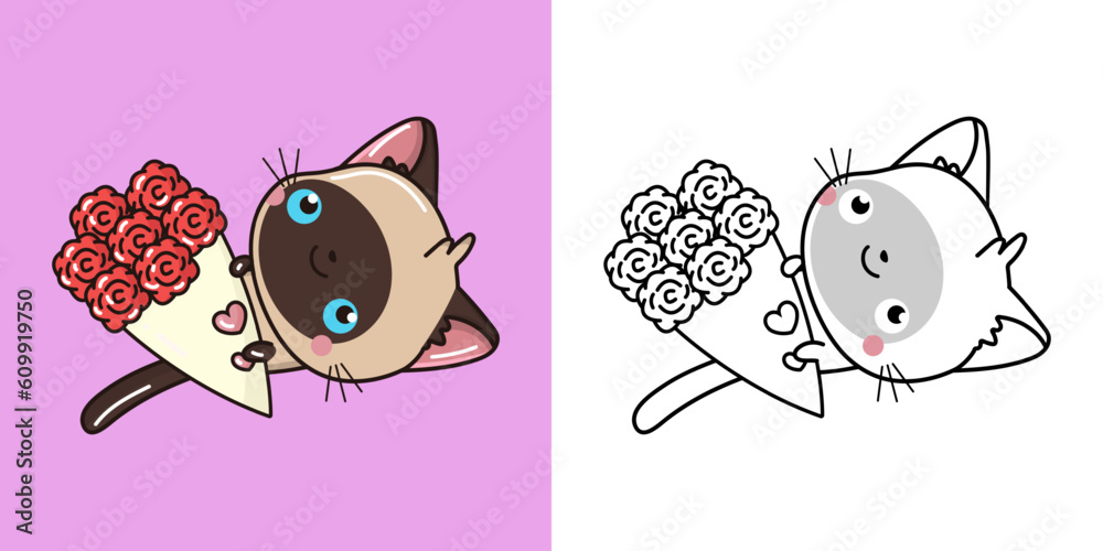 Set Siamese Cat Coloring Page and Colored Illustration. Clip Art Kawaii ...