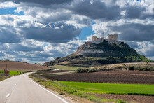 Wine Landscape In The Ribera Del Duero Appellation Of Origin Area With The Castle Of Peñafiel In The Background In The Province Of Valladolid In Spain
