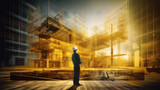 Fototapeta  - businessman construction worker architect urban building with scaffolding and crane- by generative ai
