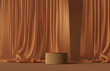 3D display podium brown background. Luxury flying cloth in motion. Glamour minimal gold pedestal for beauty, cosmetic product presentation. Feminine copy space, nude, brown template, studio 3d render