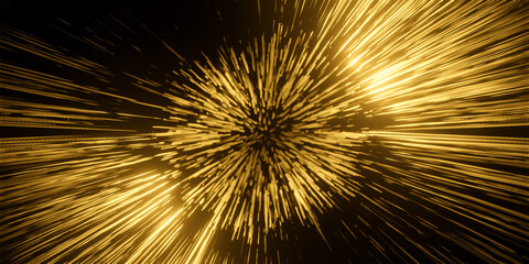 Wall Mural - Abstract 3D illustration of glowing bright yellow golden neon light streaks in motion. Visualization of data transfer, rapid supernova explosion big bang or cyberspace on black background