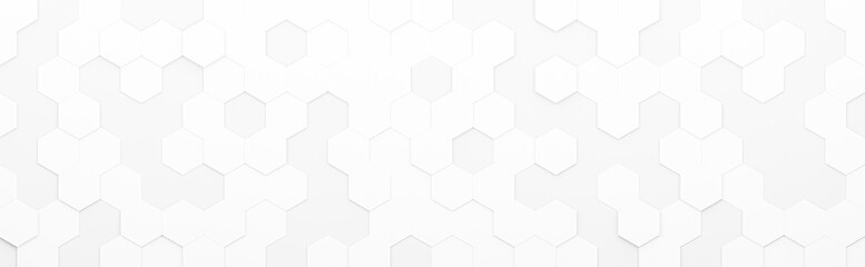 Widescreen hexagonal background with white hexagons, abstract futuristic geometric backdrop or wallpaper with copy space for text