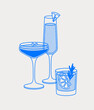 Espresso martini, mimosa, and gin tonic. Line art, retro. Vector illustration for bars, cafes, and restaurants.