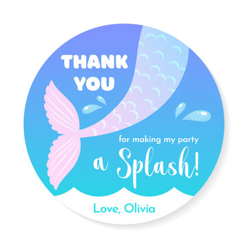 Birthday Thank you tag. Cute party favor card background decorated with of mermaid tail. Vector 10 EPS.