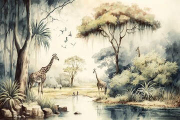  Watercolor painting style, high quality digital art, landscape on an African tropical forest with trees next to a river with giraffes and birds, Generative ai