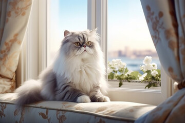 Poster - A fluffy Persian cat sitting majestically on a windowsill, showcasing the elegance and grace of domestic feline companions. Generative AI technology.