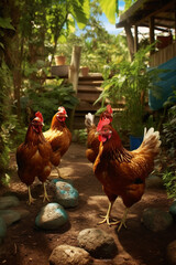 Poster - A group of chickens roaming freely in a backyard coop, symbolizing the growing trend of urban farming and sustainable food practices.  Generative AI technology.