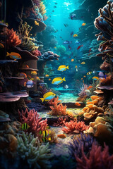 Aufkleber - A colorful aquarium filled with tropical fish and vibrant coral, capturing the beauty and tranquility of keeping aquatic pets.  Generative AI technology.