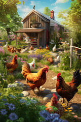 Poster - A group of chickens roaming freely in a backyard coop, symbolizing the growing trend of urban farming and sustainable food practices.  Generative AI technology.