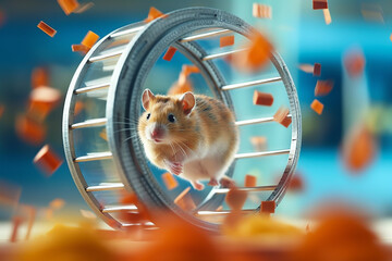 Poster - A hamster running on a wheel in its cage, reflecting the popularity of small rodents as low-maintenance and interactive pets.  