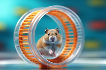 Poster - A hamster running on a wheel in its cage, reflecting the popularity of small rodents as low-maintenance and interactive pets.  Generative AI technology.