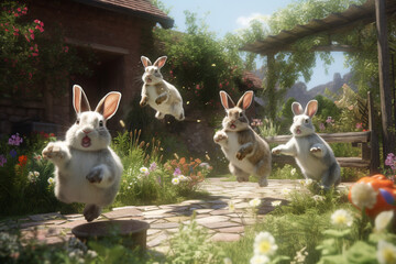 Poster - A group of rabbits hopping and playing in an enclosed garden, illustrating the trend of creating enriching environments for pet rabbits.  Generative AI technology.