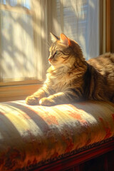 Aufkleber - A contented cat lounging in a sunbeam, embodying the relaxed and independent nature of feline companionship. Generative AI technology.