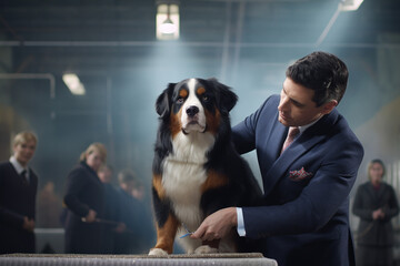 Poster - A well-groomed show dog being professionally handled and presented in a competition ring, showcasing the artistry and dedication of dog shows.  Generative AI technology.