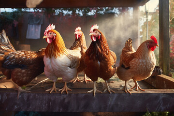Poster - A group of hens in a backyard coop, reflecting the trend of urban chicken-keeping and sustainable egg production. Generative AI technology.