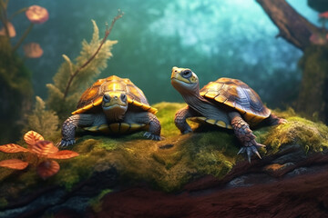 Aufkleber - A pair of turtles basking on a log in a terrarium, representing the calm and low-maintenance nature of keeping turtles as pets. Generative AI technology.