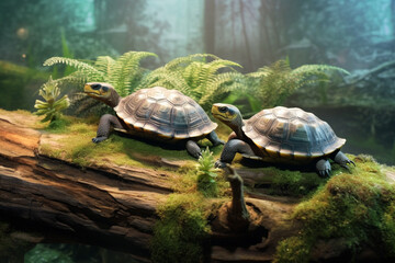 Aufkleber - A pair of turtles basking on a log in a terrarium, representing the calm and low-maintenance nature of keeping turtles as pets. Generative AI technology.