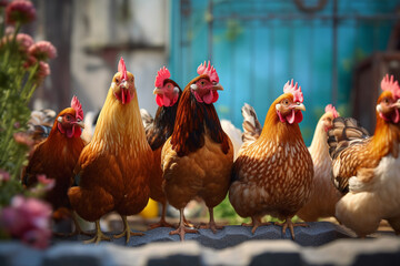 Poster - A group of hens in a backyard coop, reflecting the trend of urban chicken-keeping and sustainable egg production. Generative AI technology.