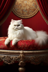 Poster - A fluffy Persian cat lounging on a luxurious cat bed, exemplifying the elegance and regal demeanor of domestic feline companions.  Generative AI technology.
