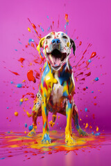 Aufkleber - An abstract surreal photograph of a Dog splashed in bright paint, contemporary colors and mood social background. Generative AI technology.