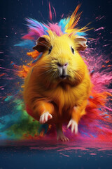Poster - An abstract surreal photograph of a Guinea pig splashed in bright paint, contemporary colors and mood social background. Generative AI technology.