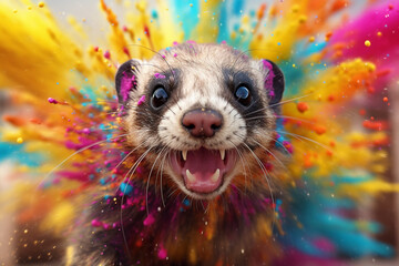 Poster -  An vibrant photograph of a Ferret splashed in bright paint, contemporary colors and mood social background. Generative AI technology.