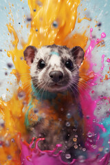 Wall Mural - An abstract surreal photograph of a Ferret splashed in bright paint, contemporary colors and mood social background.  Generative AI technology.