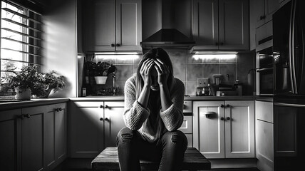 woman in depression in the kitchen. Generative AI