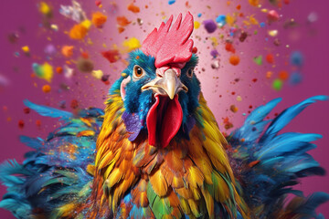 Poster - An vibrant photograph of a Chicken splashed in bright paint, contemporary colors and mood social background.  Generative AI technology.