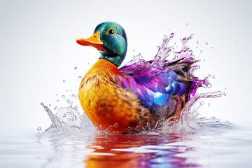 Poster - An vibrant photograph of a Duck splashed in bright paint, contemporary colors and mood social background.  Generative AI technology.