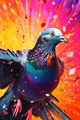 Poster - An abstract surreal photograph of a Pigeon splashed in bright paint, contemporary colors and mood social background. Generative AI technology.