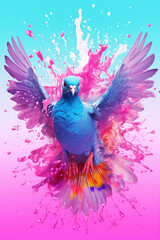 Poster - An abstract surreal photograph of a Pigeon splashed in bright paint, contemporary colors and mood social background. Generative AI technology.