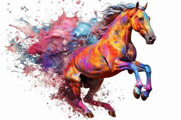 Aufkleber - An vibrant photograph of a Horse splashed in bright paint, contemporary colors and mood social background. Generative AI technology.