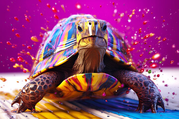 Aufkleber - An vibrant photograph of a Tortoise splashed in bright paint, contemporary colors and mood social background. Generative AI technology.