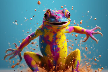 Poster - An vibrant photograph of a Gecko splashed in bright paint, contemporary colors and mood social background.  Generative AI technology.