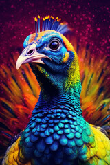 Poster - An abstract surreal photograph of a Guinea fowl splashed in bright paint, contemporary colors and mood social background.  Generative AI technology.