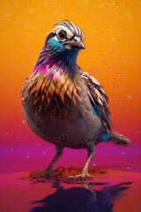 Poster - An abstract surreal photograph of a Quail splashed in bright paint, contemporary colors and mood social background.  Generative AI technology.