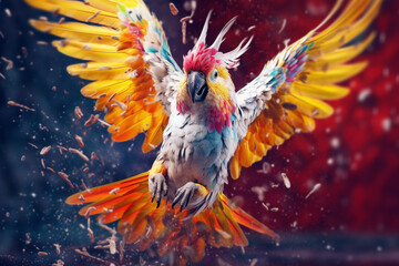 Poster - An vibrant photograph of a Cockatoo splashed in bright paint, contemporary colors and mood social background.  Generative AI technology.